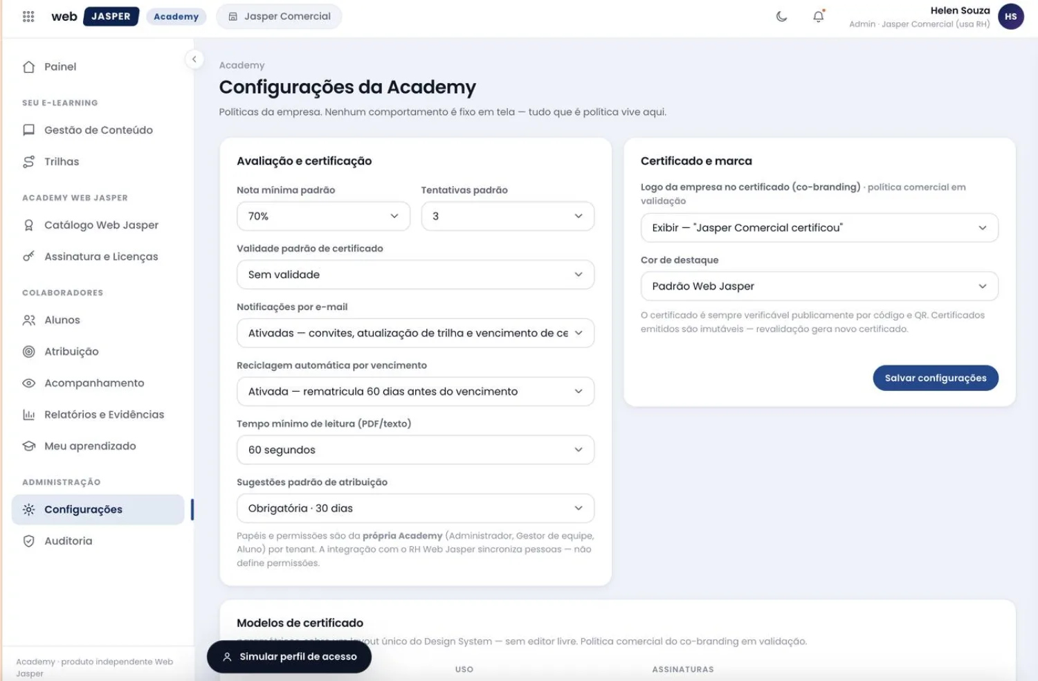Tela de configurações da Academy, com políticas de avaliação, certificação e marca da empresa